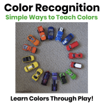 Toy cars sorted by color for a color recognition activity for young children.