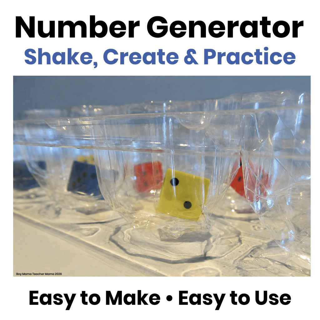 DIY number generator made from an egg carton and dice for teaching place value, number sense, and math skills.