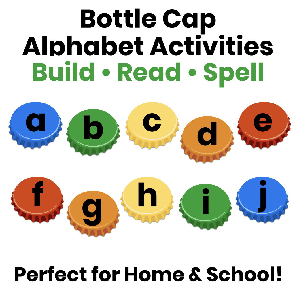 Colorful alphabet bottle caps promoting bottle cap alphabet games and activities for practicing reading, spelling, and letter recognition.
