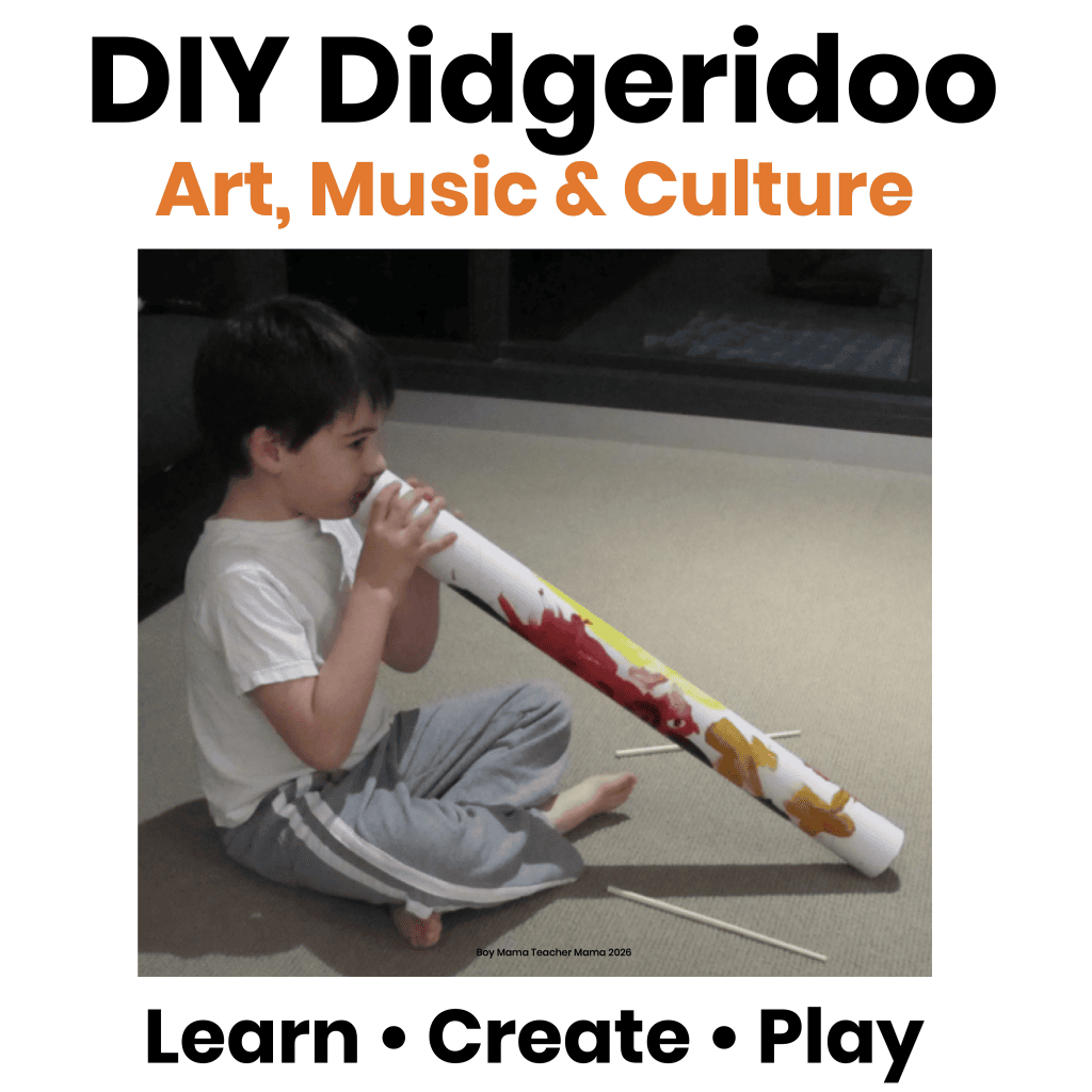 Child playing a homemade DIY didgeridoo made from a cardboard mailing tube during an art, music, and culture activity inspired by Australia.