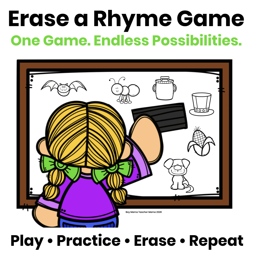 Child playing the Erase a Rhyme Game by erasing pictures from a whiteboard during a fun rhyming activity that can also be used to practice phonics, sight words, math, and number sense.