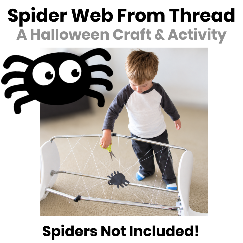 Young boy cutting a homemade spider web made from white thread, with a paper spider and a cartoon spider illustration. Halloween craft activity for kids.