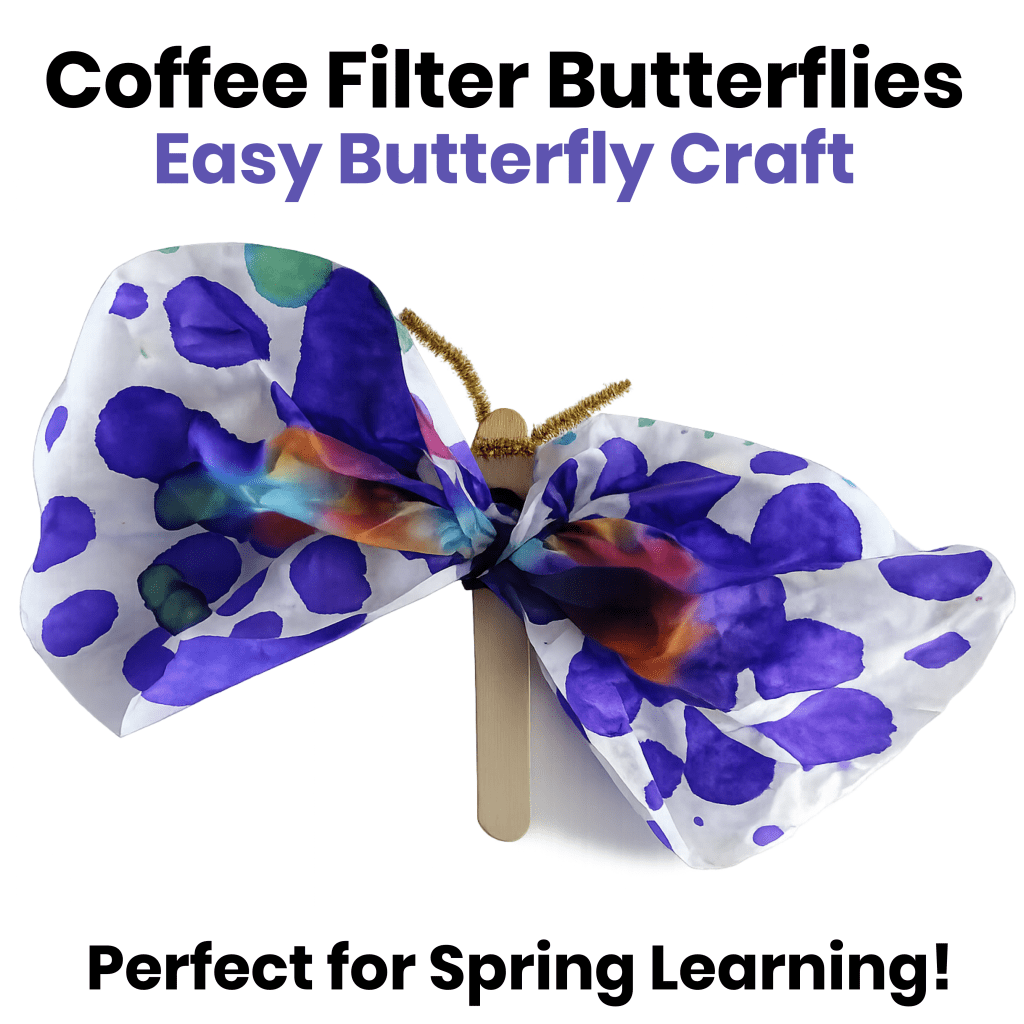 Colorful coffee filter butterfly craft made with liquid watercolors, a coffee filter, pipe cleaners, and a popsicle stick.