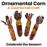 Colorful ornamental corn craft made with painted sponge stamps and paper, creating an easy fall and Thanksgiving decoration for kids at home or in the classroom.