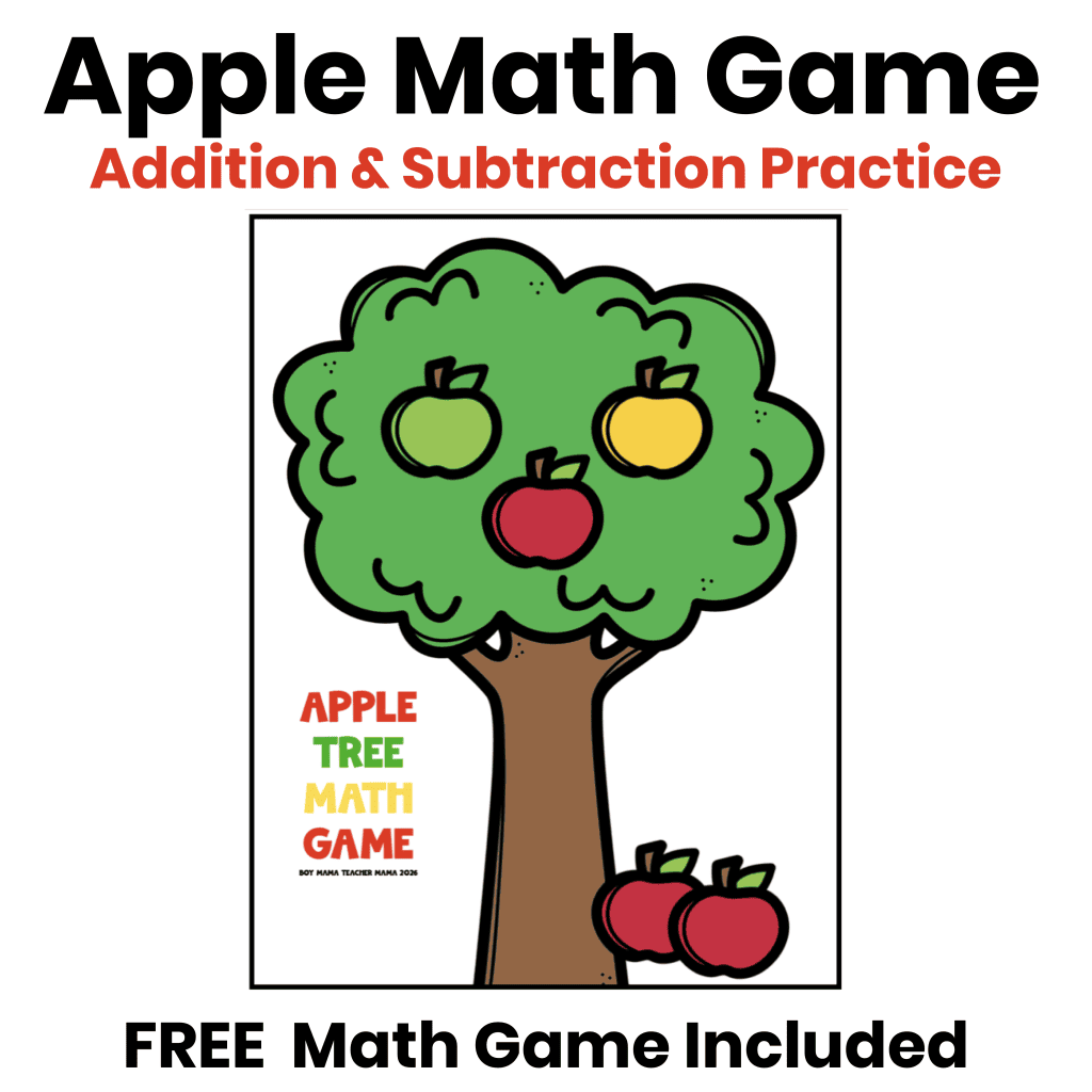 Apple Tree Math Game for hands-on addition and subtraction practice using colorful apples and a printable apple tree.