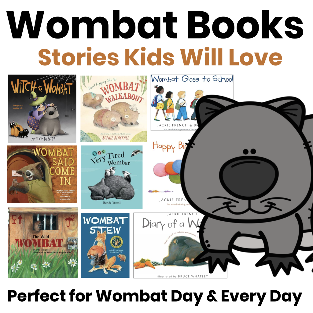 Wombat books for kids featuring popular children's books about wombats and a cartoon wombat.