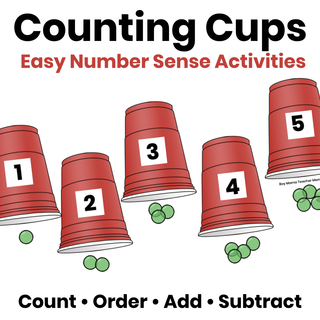 Number sense activities using numbered cups to practice counting, number order, addition, subtraction, and matching numbers to quantities.