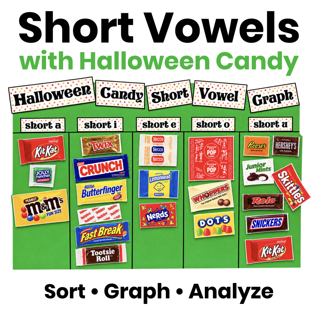 Halloween short vowel graph activity using candy wrappers to sort and graph short vowel sounds in first grade.