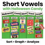 Halloween short vowel graph activity using candy wrappers to sort and graph short vowel sounds in first grade.