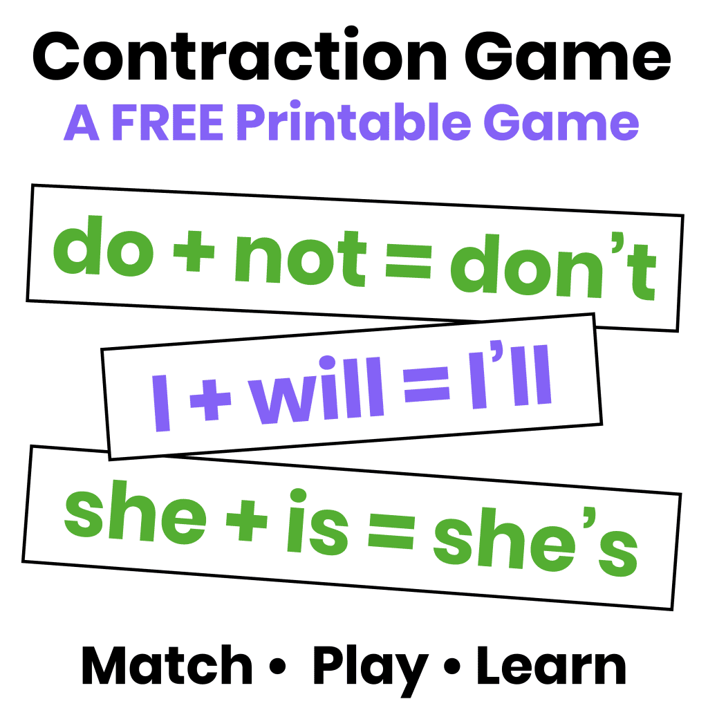 Featured image for a FREE Contraction Game with printable matching cards that help students practice contractions through hands-on learning at home or in the classroom.