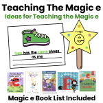Magic e activities for first and second grade, including wand word cards and book list