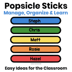 Colorful popsicle sticks with student names showing creative ways to use popsicle sticks in the classroom for classroom management, learning activities, and organization.