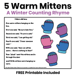 5 Warm Mittens winter counting rhyme for kids with a free printable to color, cut, and use with the rhyme.