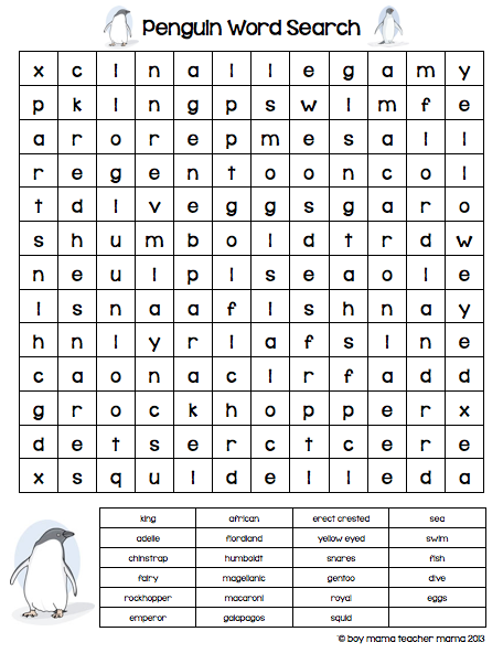 Teacher Mama FREEBIE Penguin Word Search Boy Mama Teacher Mama