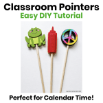 Three colorful DIY classroom pointers made from wooden dowels and craft shapes, including a frog, ketchup bottle, and peace sign, for morning meeting and classroom activities.