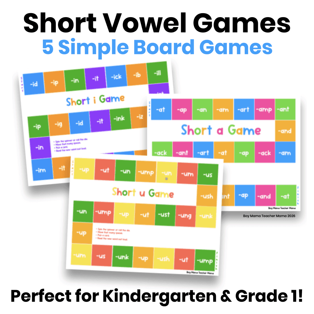 Short vowel games for K-1, showing colorful short vowel game boards