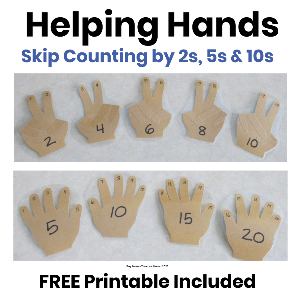 Helping Hands for Skip Counting activity using handprint cutouts to teach students how to count by 2s, 5s, and 10s with a simple DIY math visual.