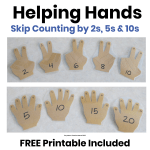 Helping Hands for Skip Counting activity using handprint cutouts to teach students how to count by 2s, 5s, and 10s with a simple DIY math visual.