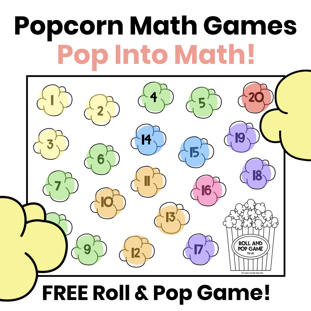 Colorful "POP Into Math!" graphic featuring a popcorn-themed math game with numbered popcorn pieces and the words "POP in for Math Fun!"