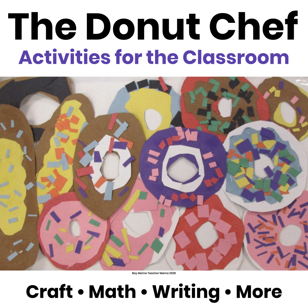 The Donut Chef classroom activities featuring colorful student-created paper donuts for craft, math, and writing activities.