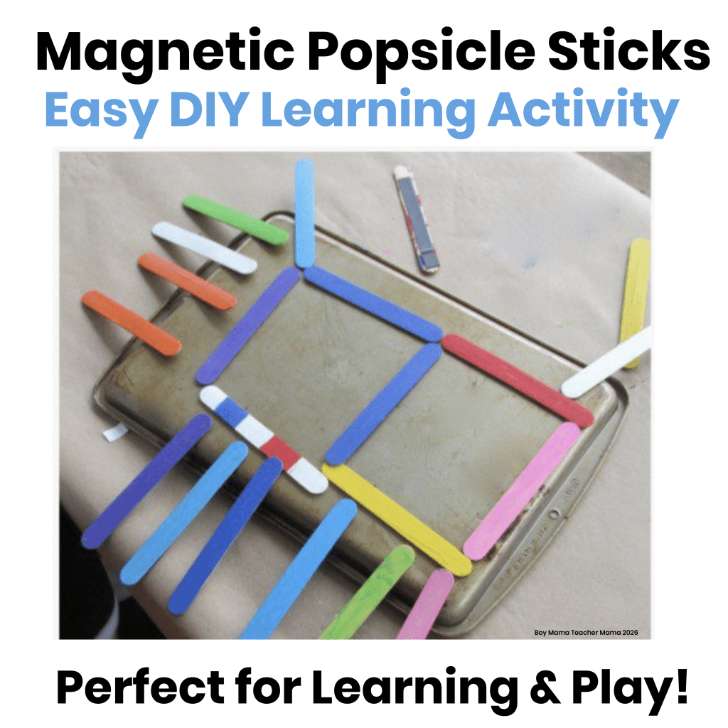 Colorful homemade magnetic popsicle sticks arranged to create a house on a metal cookie sheet, showing a fun DIY learning activity for kids.