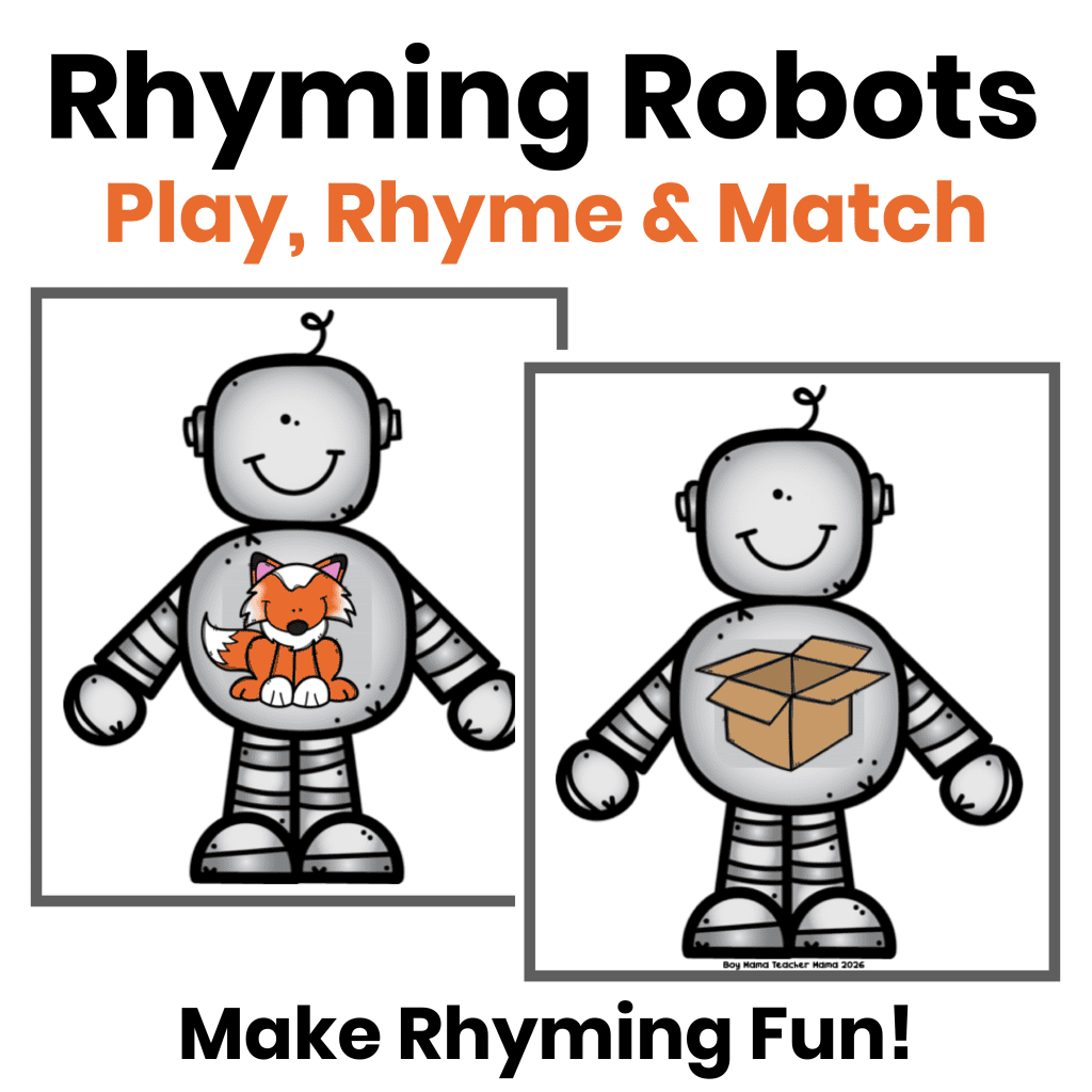 Rhyming Robots card game for practicing rhyming words with matching picture cards.