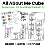 All About Me Cube beginning of the year graphing activity featuring student-made cubes used for classroom community, writing, and data collection.