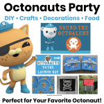 DIY Octonauts party ideas featuring handmade decorations, invitations, treasure chest, crafts, party favors, food, and free printables for kids.