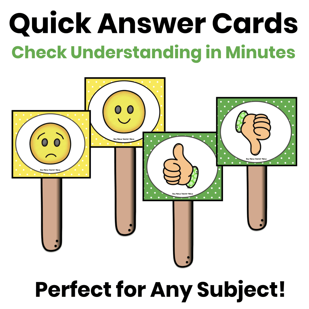Featured image for Quick Answer Cards showing classroom response paddles used to check student understanding with happy/sad and thumbs up/thumbs down cards for whole-class assessment.