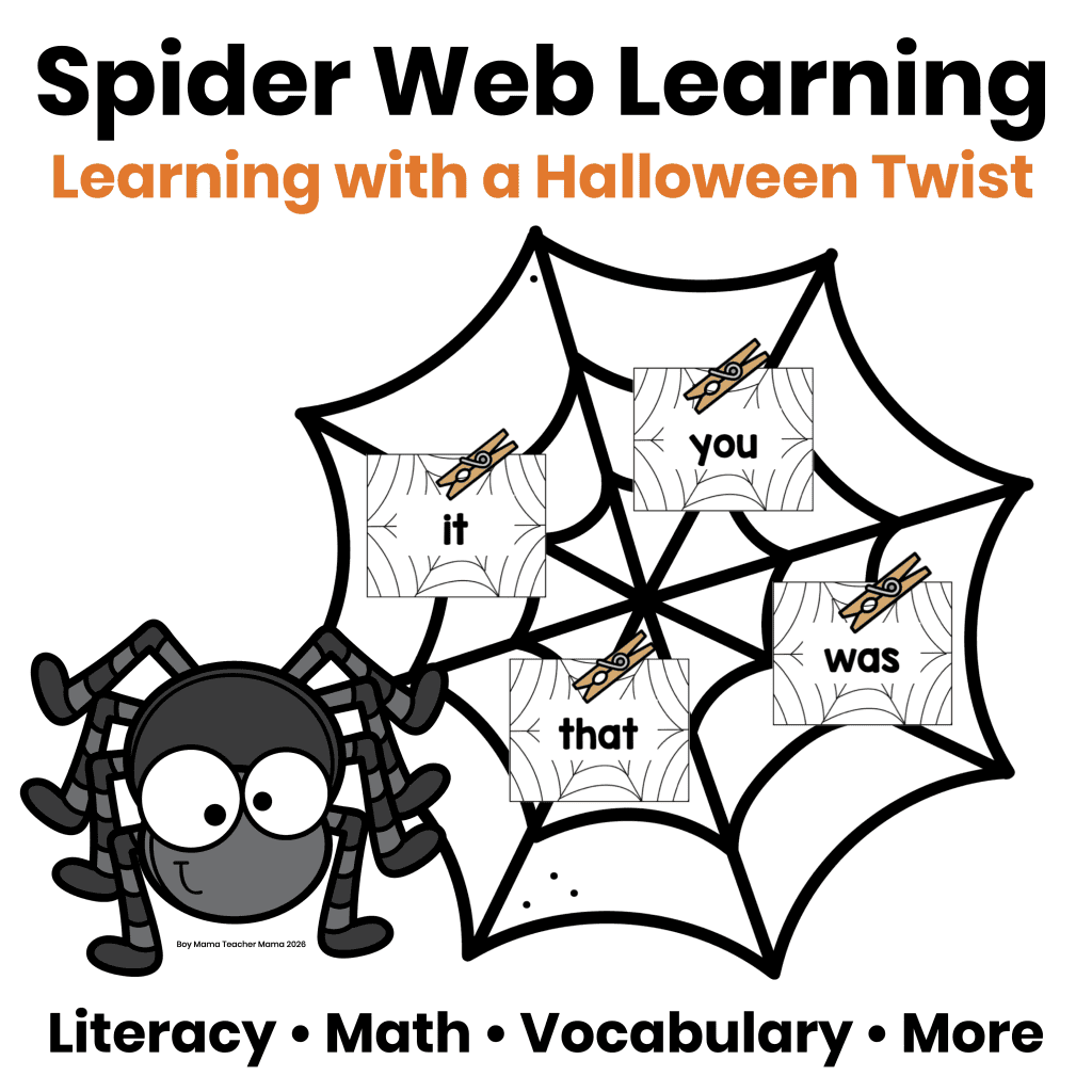 Spider web learning activities for Halloween including sight words, math, vocabulary, and more.