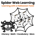 Spider web learning activities for Halloween including sight words, math, vocabulary, and more.