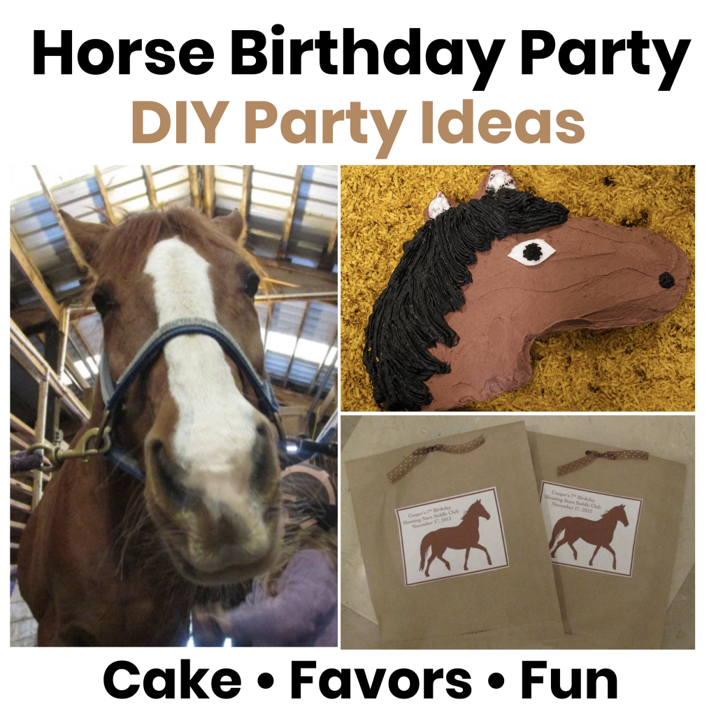 Featured image for a DIY horse birthday party featuring a horse, homemade horse cake, and simple party favor bags with easy party ideas for kids.
