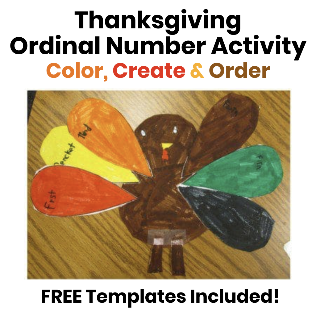 Thanksgiving ordinal number activity featuring a colorful student-made turkey with numbered feathers and free printable templates