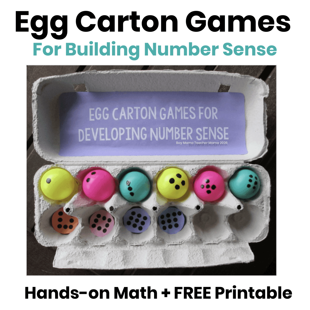 Egg carton games for building number sense with colorful ping pong balls and free printable