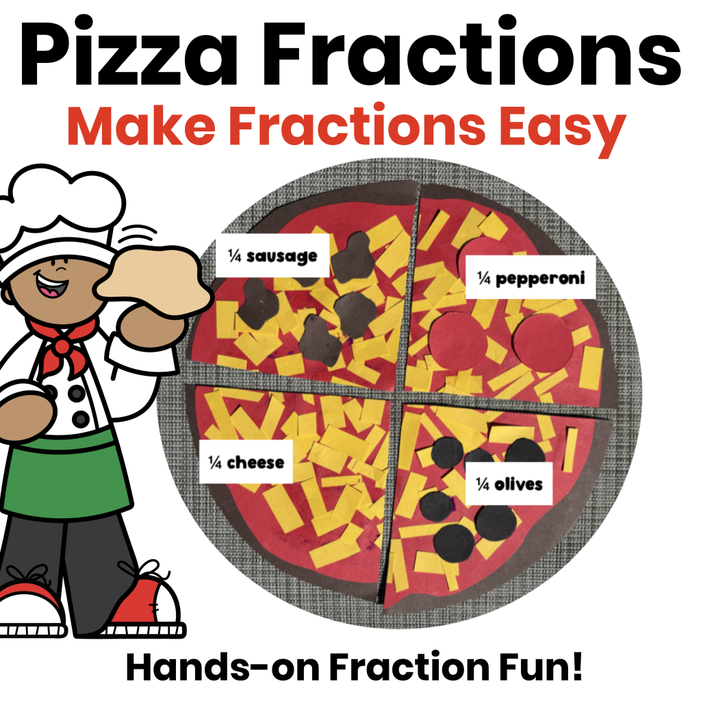 Pizza fractions activity showing a paper pizza divided into fourths with different toppings to practice fractions.