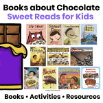 Featured image for The Best Books About Chocolate showing a chocolate bar and a collection of picture books, chapter books, and nonfiction books about chocolate, plus activities and classroom resources for kids.