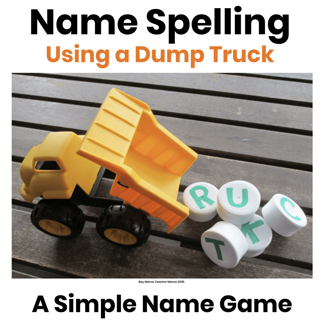 Dump truck name spelling activity using bottle caps with letters to help children practice spelling their names through hands-on play.