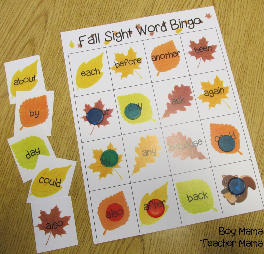 Boy Mama Teacher Mama  Fall Sight Word Bingo Games 2