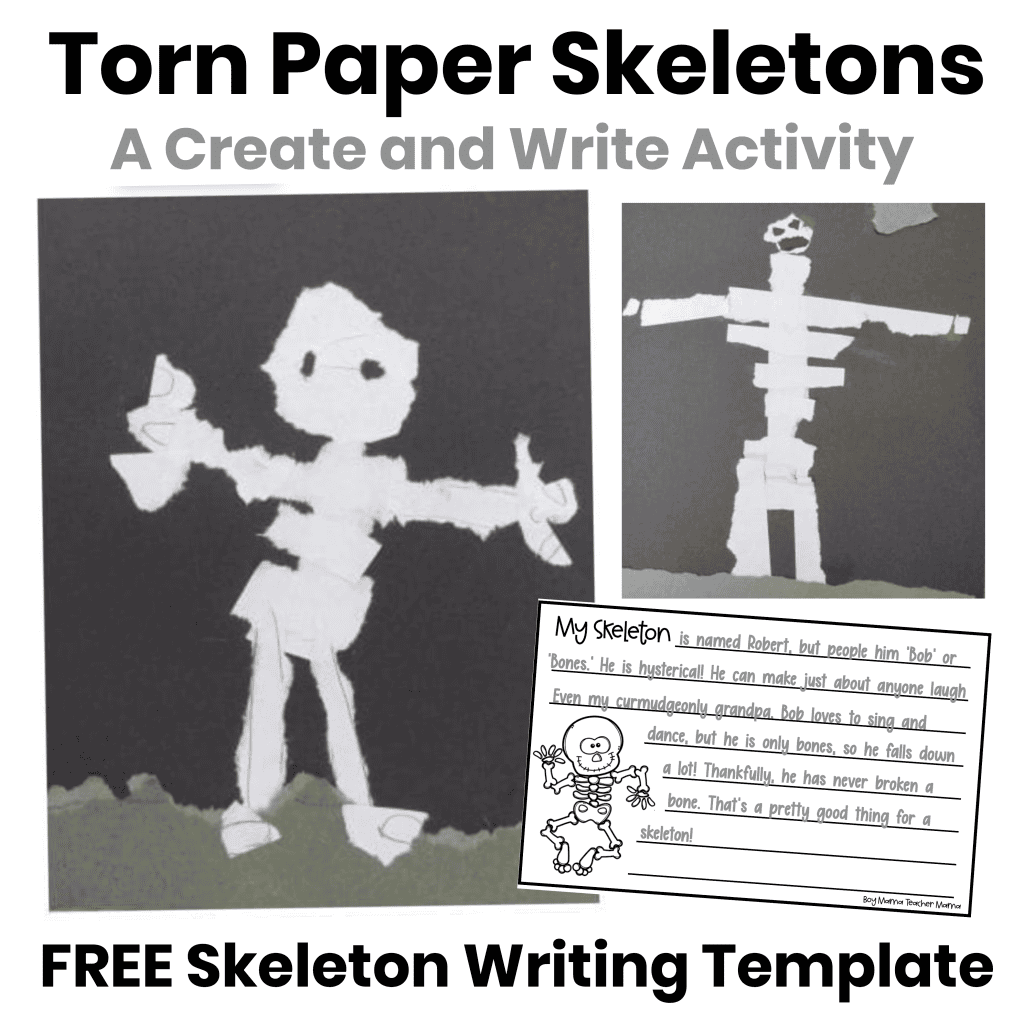 Torn paper skeletons created by students using white paper on black backgrounds, with a free skeleton writing template for a Halloween classroom activity.