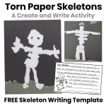Torn paper skeletons created by students using white paper on black backgrounds, with a free skeleton writing template for a Halloween classroom activity.