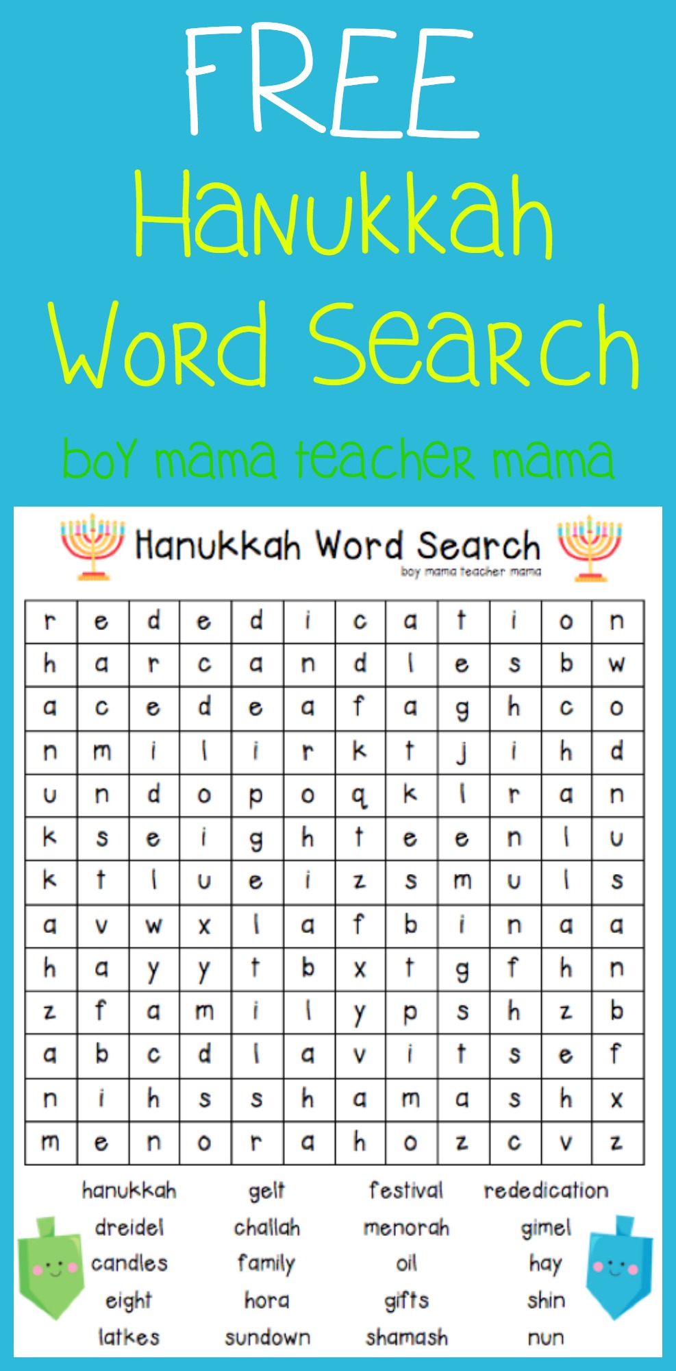Boy Mama Teacher Mama FREE Hanukkah Word Search