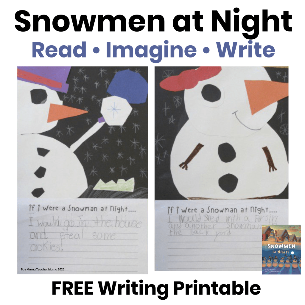 Student snowmen artwork and writing inspired by Snowmen at Night by Caralyn Buehner. This free winter writing activity encourages elementary students to imagine what snowmen do after dark and write their own creative stories.