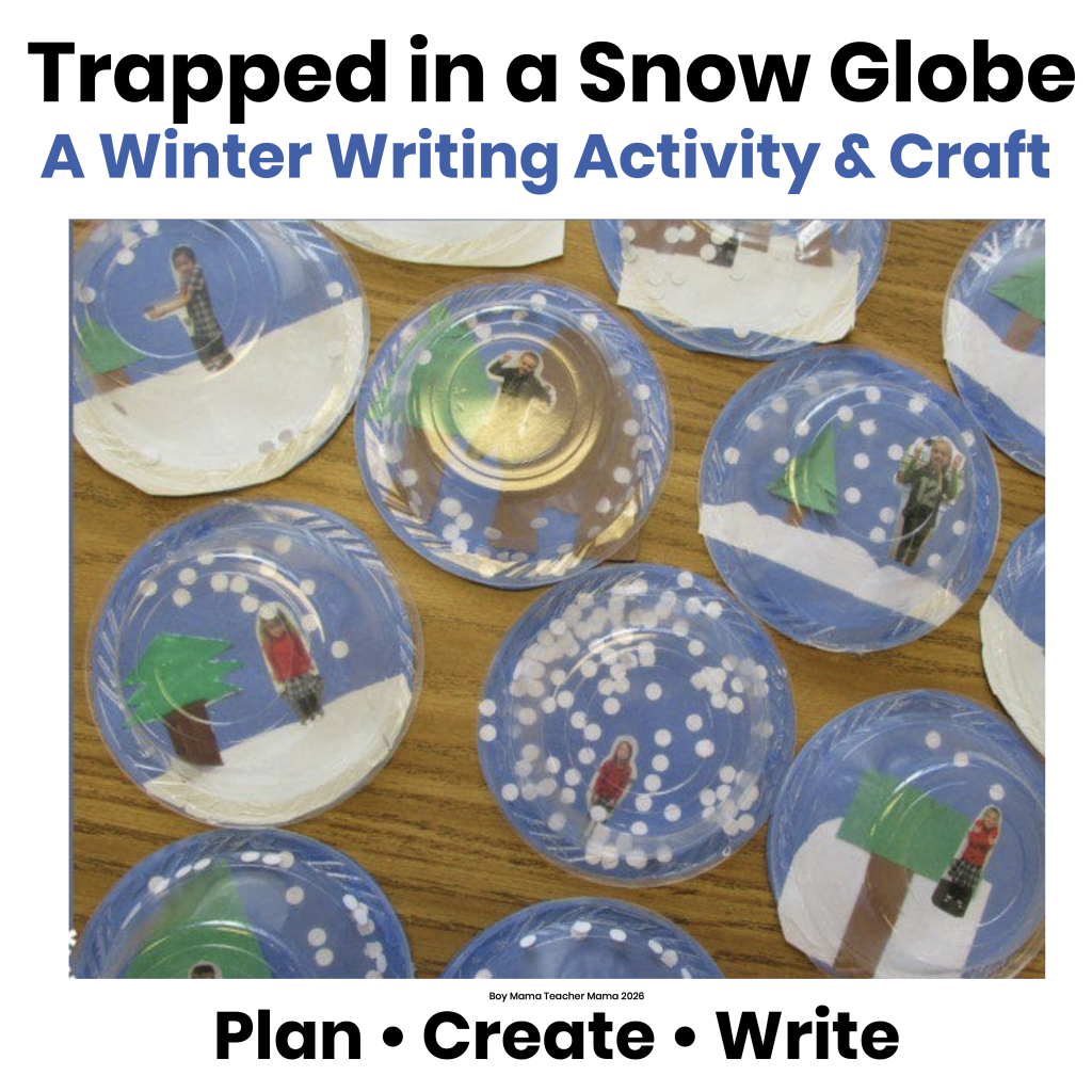 Trapped in a Snow Globe writing and craft with student photo, winter writing prompt, and bulletin board idea for elementary classrooms.