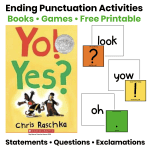 Ending punctuation activities featuring books, games, and free printables to teach statements, questions, and exclamations in elementary classrooms.
