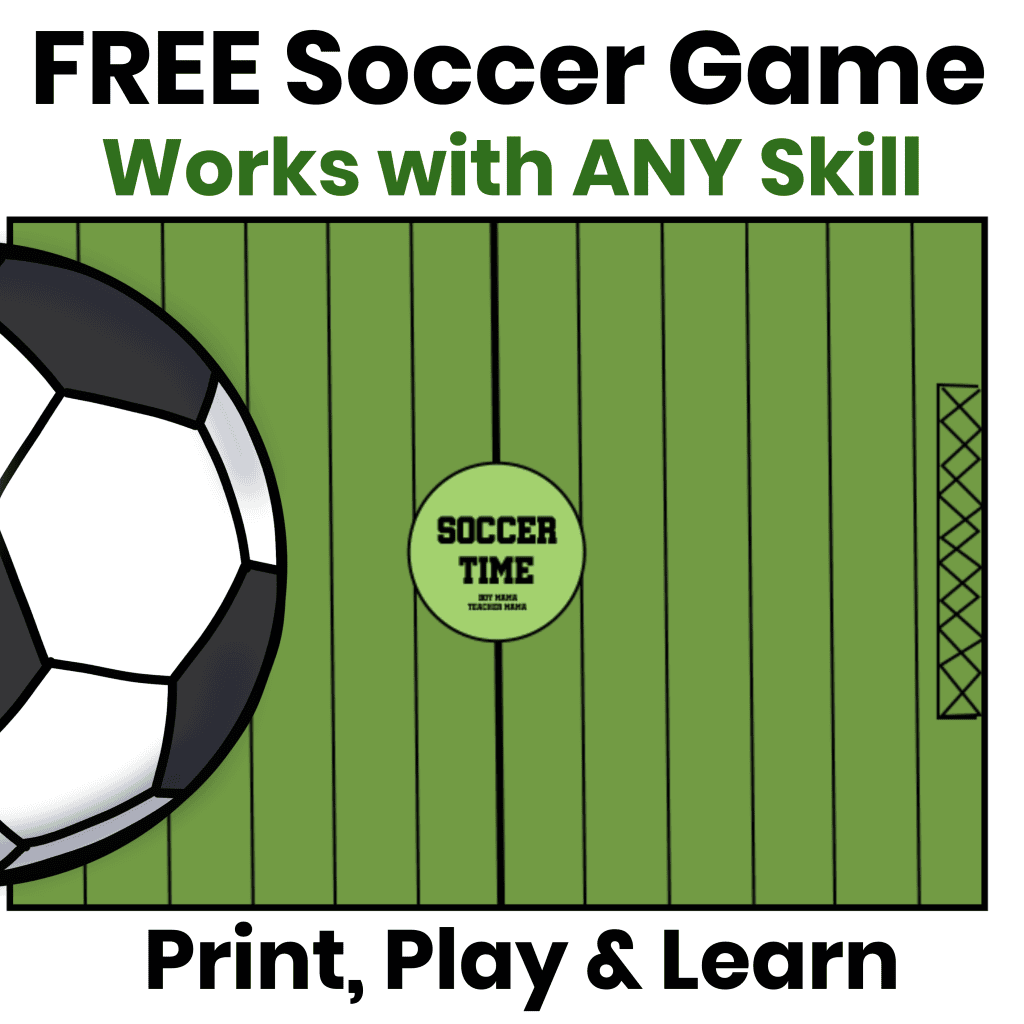 Featured image for a FREE soccer game that can be used to practice spelling, sight words, math, vocabulary, and any classroom skill.