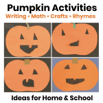 Featured image for Easy Pumpkin Activities for Kids featuring jack-o'-lantern crafts, writing, math, and fingerplay activities for home and school.