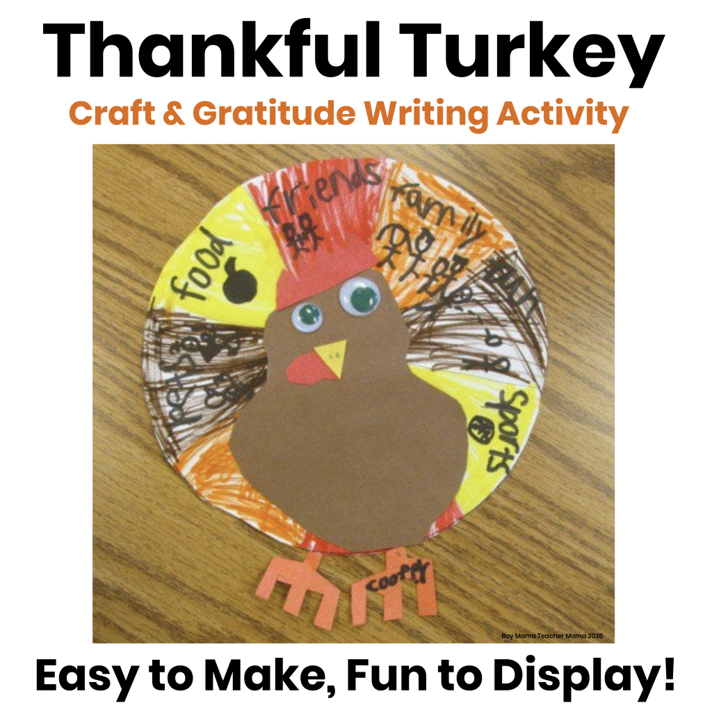 Thankful turkey craft and gratitude writing activity featuring a student-made turkey with things they are thankful for written on the feathers.