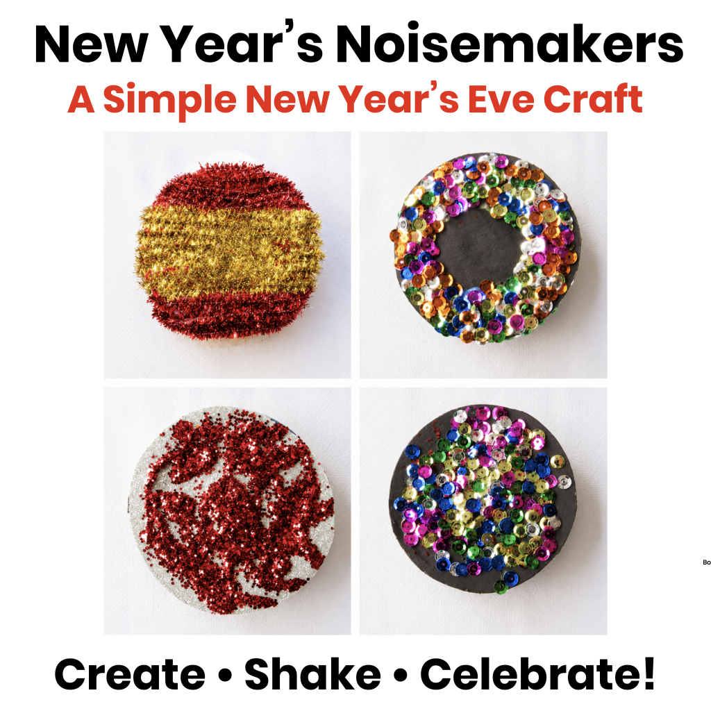Homemade New Year's Eve noisemakers decorated with glitter, sequins, and colorful craft materials for a simple kids' craft.