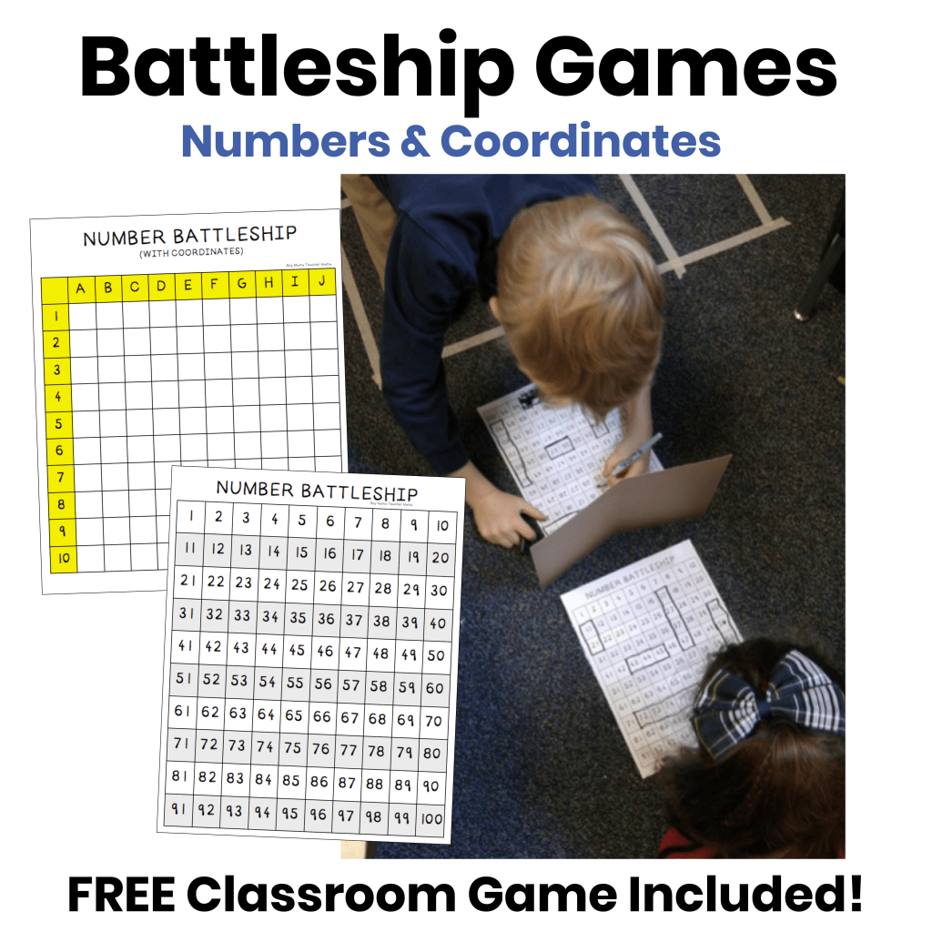 Students playing Number and Coordinate Battleship Games with printable game boards in the classroom.