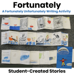 Fortunately Unfortunately writing activity inspired by Fortunately by Remy Charlip showing student accordion books